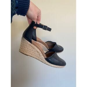 Vionic Aruba Anna Size 8.5 Wide Black Leather Espadrille Wedge